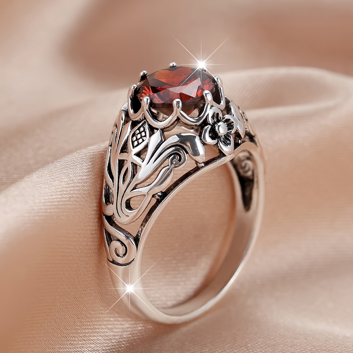 Vintage Red CZ Ring for Women Floral Pattern Jewelry